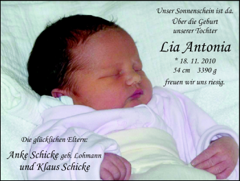 Babyanzeige von Lia Antonia  von Nordwest-Zeitung