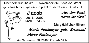 Babyanzeige von Jacob Poelmeyer von Nordwest-Zeitung