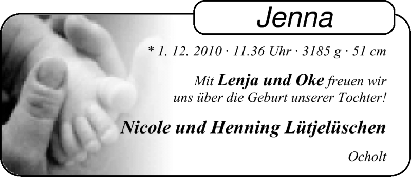 Anzeige für Jenna  vom 11.12.2010 aus Nordwest-Zeitung