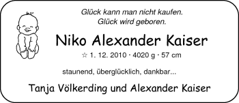 Babyanzeige von Niko  von Nordwest-Zeitung