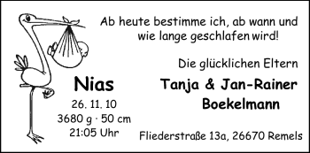 Babyanzeige von Nias Boekelmann von Nordwest-Zeitung