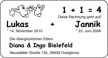Babyanzeige von Lukas Bielefeld von Nordwest-Zeitung