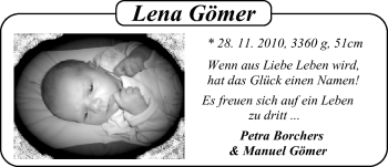 Babyanzeige von Lena Gömer von Nordwest-Zeitung