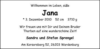 Babyanzeige von Jana Sprengel von Nordwest-Zeitung