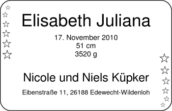 Babyanzeige von Elisabeth Juliana Kübker von Nordwest-Zeitung