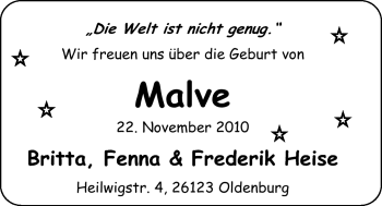 Babyanzeige von Malve  von Nordwest-Zeitung