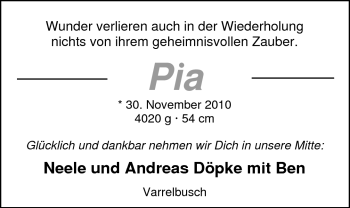 Babyanzeige von Pia Döpke von Nordwest-Zeitung