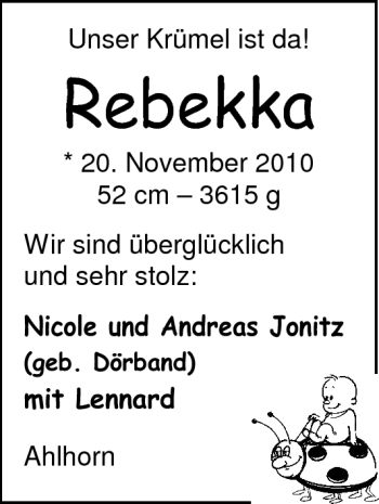 Babyanzeige von Rebekka  von Nordwest-Zeitung