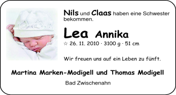 Babyanzeige von Lea Annika Modigell von Nordwest-Zeitung