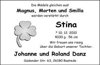 Babyanzeige von Stina  von Nordwest-Zeitung