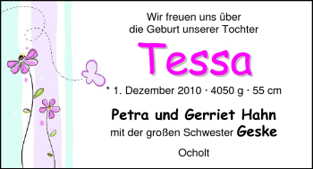 Babyanzeige von Tessa  von Nordwest-Zeitung