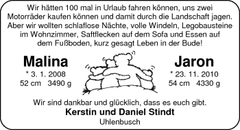 Babyanzeige von Jaron Stindt von Nordwest-Zeitung