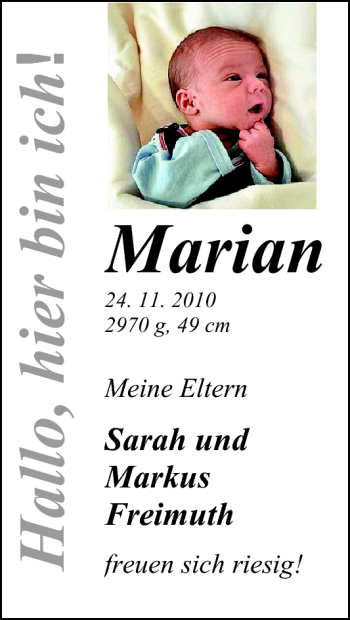 Babyanzeige von Marian Freimuth von Nordwest-Zeitung