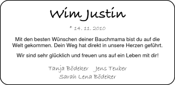 Babyanzeige von Wim Justin  von Nordwest-Zeitung
