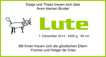 Babyanzeige von Lute de Vries von Nordwest-Zeitung