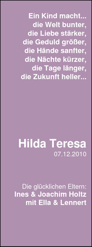 Babyanzeige von Hilda Teresa  von Nordwest-Zeitung