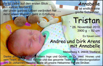 Babyanzeige von Tristan Arens von Nordwest-Zeitung