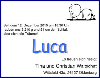 Babyanzeige von Luca Waitschat von Nordwest-Zeitung