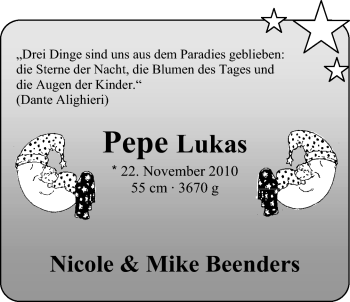 Babyanzeige von Pepe-Lukas Beenders von Nordwest-Zeitung
