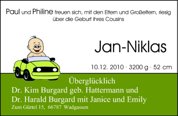 Babyanzeige von Jan-Niklas Burgard von Nordwest-Zeitung