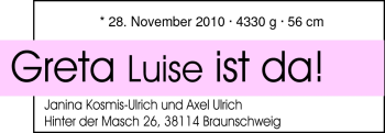 Babyanzeige von Greta Luise  von Nordwest-Zeitung