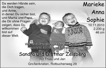 Babyanzeige von Marieke Anna Sophie  von Nordwest-Zeitung