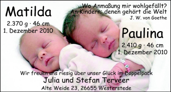 Babyanzeige von Mathilda und Paulina  von Nordwest-Zeitung