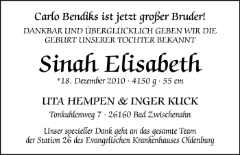 Babyanzeige von Sinah Elisabeth  von Nordwest-Zeitung