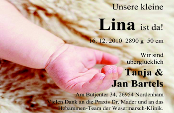 Babyanzeige von Lina Bartels von Nordwest-Zeitung