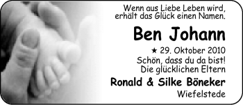 Babyanzeige von Ben Johann  von Nordwest-Zeitung