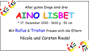 Babyanzeige von Aino Lisbet  von Nordwest-Zeitung