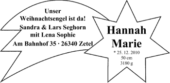 Babyanzeige von Hannah Marie Seghorn von Nordwest-Zeitung
