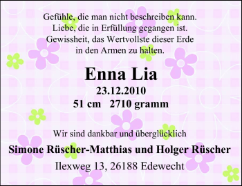 Babyanzeige von Enna Lia Rüscher von Nordwest-Zeitung