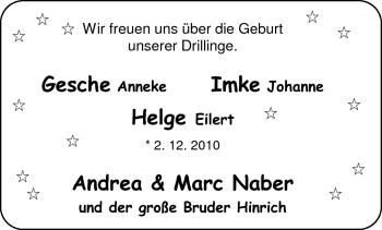 Babyanzeige von Gesche Anneke, Imke Johanne, Helge Eilert Naber von Nordwest-Zeitung