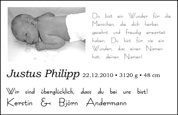 Babyanzeige von Justus Philipp Andermann von Nordwest-Zeitung