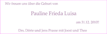Babyanzeige von Pauline Frieda Luisa Prasse von Nordwest-Zeitung