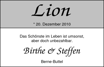 Babyanzeige von Lion  von Nordwest-Zeitung