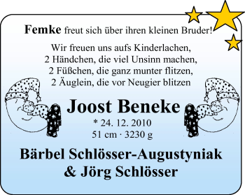 Babyanzeige von HJoost Beneke  von Nordwest-Zeitung