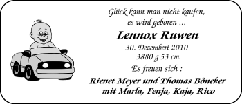 Babyanzeige von Lennox Ruwen Meyer von Nordwest-Zeitung