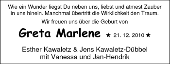 Babyanzeige von Greta Marlene  von Nordwest-Zeitung