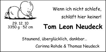 Babyanzeige von Tom Leon Neudeck von Nordwest-Zeitung