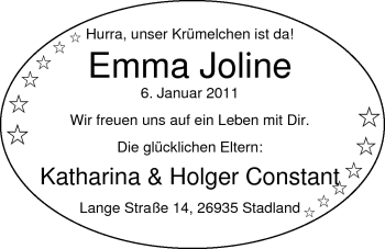 Babyanzeige von Emma Joline Constant von Nordwest-Zeitung