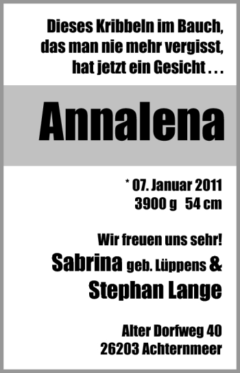 Babyanzeige von Annalena Lange von Nordwest-Zeitung