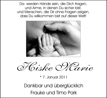 Babyanzeige von Hiske Marie  von Nordwest-Zeitung