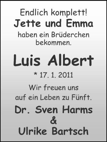Babyanzeige von Luis Albert  von Nordwest-Zeitung