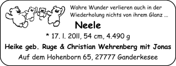 Babyanzeige von Neele Wehrenberg von Nordwest-Zeitung