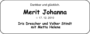 Babyanzeige von Merit Johanna  von Nordwest-Zeitung