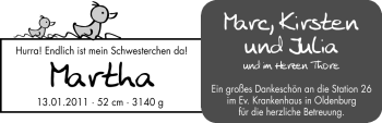 Babyanzeige von Martha  von Nordwest-Zeitung