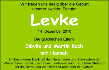 Babyanzeige von Levke Koch von Nordwest-Zeitung