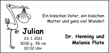 Babyanzeige von Julian Plate von Nordwest-Zeitung